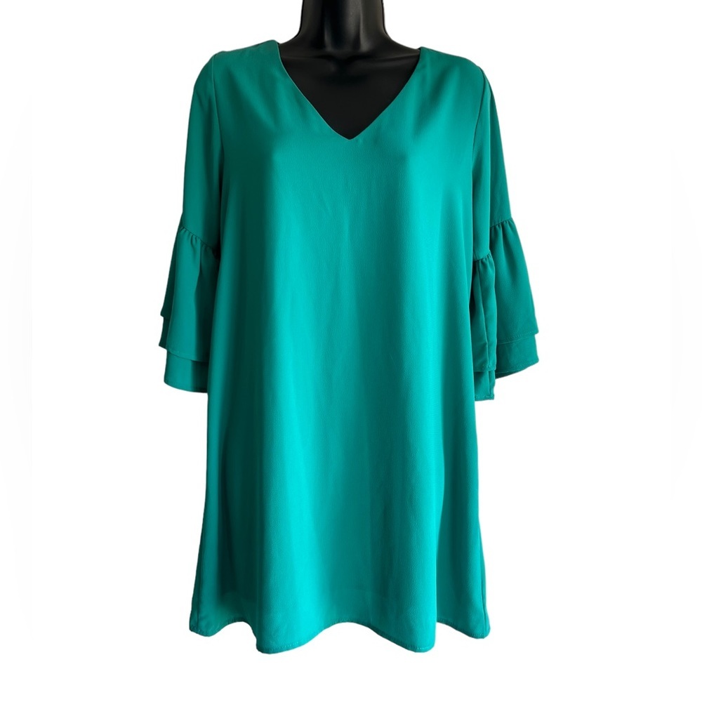 Women's Teal V-Neck Ruffle Sleeve Dress